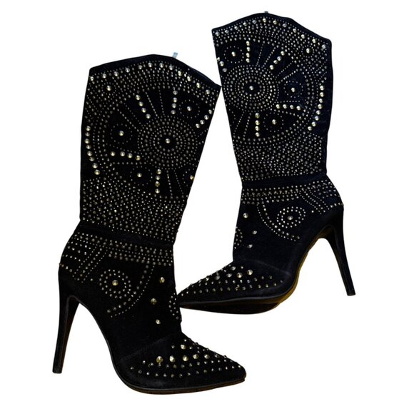 Black Studded High Heel Boots Mid Calf Size 10 Stiletto Beyonce Cowboy Sexy Y2k - Picture 5 of 9